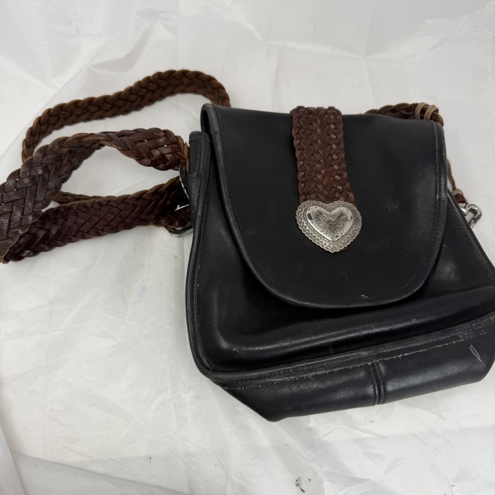 Brighton Black Leather Crossbody Bag Braided Strap Silver Heart Concho 002004